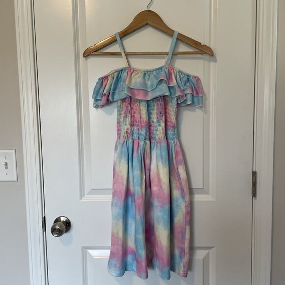 Pastel Cotton Candy Tie Dye Ruffle Off Shoulder Summer Dress Girls XL Soft Comfy - Picture 4 of 7